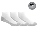 Three white ankle socks with gray grip patterns on the sole and heel, arranged in a row on a white background with a silver 'Design Excellence Awards Finalist' badge in the top right corner.