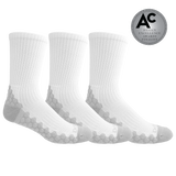 Three pairs of white crew socks with gray honeycomb patterned heels and toes, displayed on a clean white background with an 'AC Design Excellence Awards Finalist' badge in the top right corner. thumbnail
