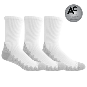 Three pairs of white crew socks with gray honeycomb patterned heels and toes, displayed on a clean white background with an 'AC Design Excellence Awards Finalist' badge in the top right corner.