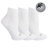 Three white ankle socks with raised bubble grip panels on the sole, shown on a white background with a silver award badge in the top right.