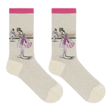 A pair of crew socks with a light beige body, featuring Edgar Degas' "Study of a Dancer" artwork of ballerinas in pink tutus on the upper leg, finished with a bright pink cuff and toe/heel accents. thumbnail