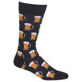 A single black crew sock with a repeating pattern of orange beer mugs filled with amber beer and white foam, shown on a plain white background. thumbnail