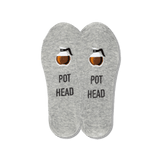 A pair of heather gray ankle socks with a humorous graphic. Each sock features a small embroidered grenade with a lit fuse above the words 'POT HEAD' in black capital letters. thumbnail