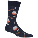A single dark navy crew sock with a pattern of cognac whiskey glasses, cigars, and smoking pipes, shown on a plain white background.