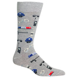 A single gray crew sock with an all-over novelty print of police-themed items including hats, handcuffs, radios, and a baton, shown on a plain white background.
