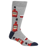 A single crew sock in heather gray with a repeating pattern of red whiskey bottles and glasses, plus dark navy heel and toe sections, shown on a plain white background.