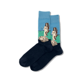 Navy socks with a design of a woman and shell on a blue background