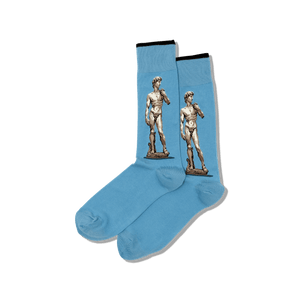 Blue socks with statues of David on a dark gray background