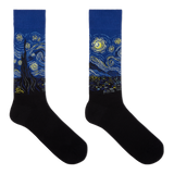 A pair of crew socks featuring a blue and yellow Van Gogh-inspired swirling night sky and cypress tree design on the upper portion, with solid black feet below, shown on a plain white background. thumbnail