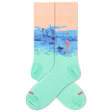 A pair of crew socks with a scenic landscape oh Monet's "Impression, Sunrise" design featuring a peach sky, blue water, and a small red sun, with the lower portion fading into mint green. The toes and heels are solid mint green, and the words 'HOTSOX' are printed in red on the toes.