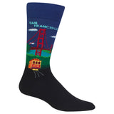 A single crew sock with a San Francisco theme, featuring a dark navy blue base with a colorful graphic of the Golden Gate Bridge, green hills, a red cable car, and the words 'SAN FRANCISCO' in light blue on the upper calf. thumbnail