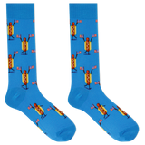 A pair of bright blue crew socks featuring a repeating cartoon hot dog character holding small American flags, shown on a plain white background.