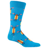 A single bright blue crew sock with a repeating pattern of cartoon hot dogs holding American flags, shown on a plain white background.