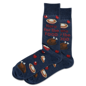 Navy blue socks with food-themed designs and text on a white background