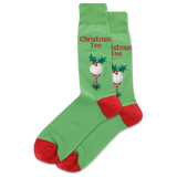 Green socks with red accents and Christmas-themed design on a white background