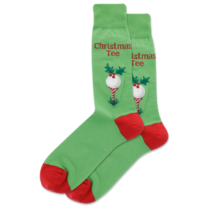 Green socks with red accents and Christmas-themed design on a white background