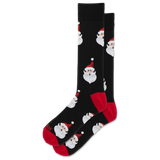 A pair of black crew socks featuring a repeating pattern of Santa Claus faces, with red heels, soles, and toes.