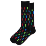 A pair of black crew socks with a repeating pattern of colorful Christmas tree silhouettes in red, green, blue, and brown, displayed against a solid white background.