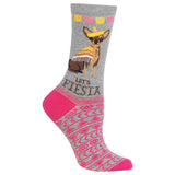 A single gray crew sock featuring a cartoon chihuahua wearing a yellow sombrero and poncho, with the words 'LET'S FIESTA' and a pink patterned heel, toe, and cuff. thumbnail