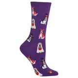 Purple crew socks featuring a repeating pattern of Jack Russell Terriers and Beagles dressed in Halloween costumes, including a witch hat and cape, on a plain white background. thumbnail