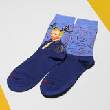 Pair of socks with artistic Van Gogh designs on a light gray background