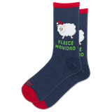 A pair of navy blue crew socks with red cuffs and toes, featuring a white sheep wearing a red Santa hat and the green text 'FLEECE NAVIDAD' on the front sock.