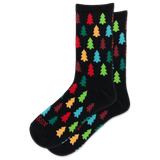 A pair of black crew socks with a colorful pattern of Christmas tree silhouettes in red, green, blue, orange, and yellow, displayed on a clean white background. thumbnail