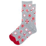 A pair of gray crew socks with a red and white candy cane pattern, featuring solid red toes and heels, displayed on a clean white background.