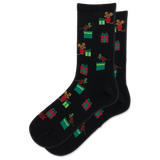 A pair of black crew socks featuring a festive pattern of cartoon mice holding red and green gift boxes, with small red birds, on a plain white background.