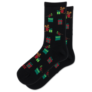 A pair of black crew socks featuring a festive pattern of cartoon mice holding red and green gift boxes, with small red birds, on a plain white background.