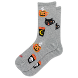 A pair of heather gray crew socks with a Halloween pattern featuring jack-o'-lanterns, black cats, and coffee cups, shown on a plain white background.