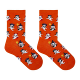 A pair of bright orange crew socks with an all-over Halloween ghost pattern, shown flat against a solid white background. thumbnail