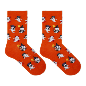 A pair of bright orange crew socks with an all-over Halloween ghost pattern, shown flat against a solid white background.