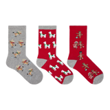 Three Christmas-themed crew socks displayed side-by-side on a plain white background. The left sock is heather gray with a pattern of skating reindeer.