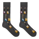 A pair of dark gray crew socks featuring a repeating pattern of colorful electric and bass guitars in yellow, blue, red, and white, displayed against a solid white background.