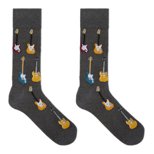 A pair of dark gray crew socks featuring a repeating pattern of colorful electric and bass guitars in yellow, blue, red, and white, displayed against a solid white background.