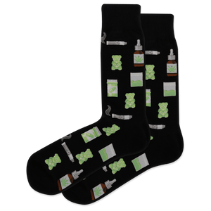 Black socks with green and white graphics on a transparent background