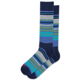 A pair of crew socks with a striped pattern in navy blue, gray, green, and blue, shown on a plain white background.