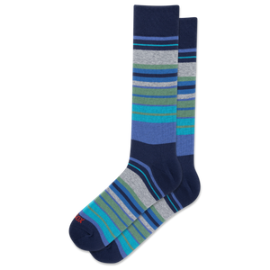 A pair of crew socks with a striped pattern in navy blue, gray, green, and blue, shown on a plain white background.