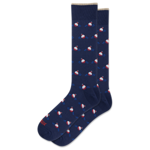 A pair of navy blue crew socks with a repeating pattern of small red and white boats on blue wavy lines, displayed on a clean white background.