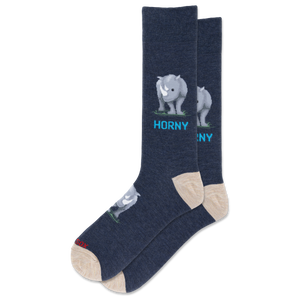A pair of navy blue crew socks with a cartoon rhinoceros graphic and the word 'HORNY' printed in light blue, shown on a plain white background.