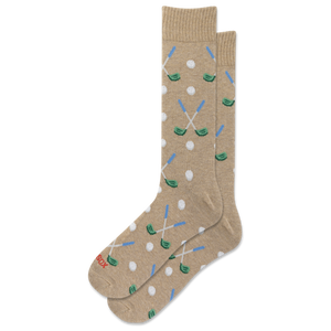 A pair of beige crew socks with a golf-themed pattern of crossed green and blue clubs, white golf balls, and green tees, shown on a plain white background.
