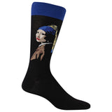 A single black crew sock featuring a graphic print of Vermeer's Girl with a Pearl Earring, with a solid blue ribbed cuff, shown on a plain white background. thumbnail