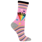 A single pink crew sock with a rainbow-themed 'PRIDE' design, featuring a black cuff, gray heel and toe, and multicolor striped bands at the top and bottom.