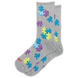 A pair of heather gray crew socks with a pattern of colorful puzzle pieces in blue, purple, and yellow. The brand name 'HOTSOX' is printed in red on the toe area.