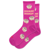 A pair of bright pink crew socks featuring a cinnamon roll pattern and the text 'DEM BUNS DOUGH' in light pink, shown on a plain white background. thumbnail