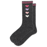 A pair of dark heather gray crew socks with four knitted hearts in pink, purple, light pink, and white down the side, finished with pink and white striped cuffs.