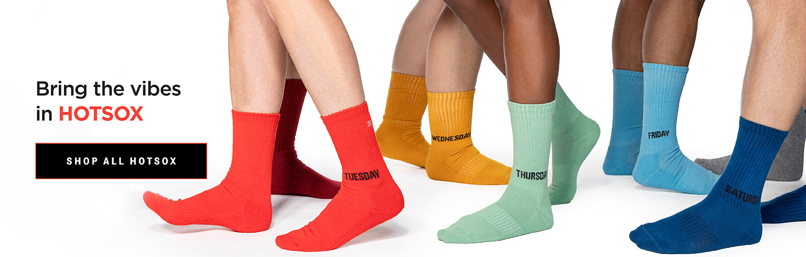 Colorful socks in various shades worn by different people on a white background with promotional text.
