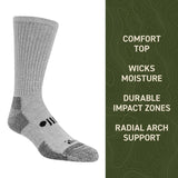Gray sock with text detailing features on a green background