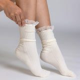 A person wearing cream-colored ribbed ankle socks with white lace trim at the top, shown against a light gray studio background.